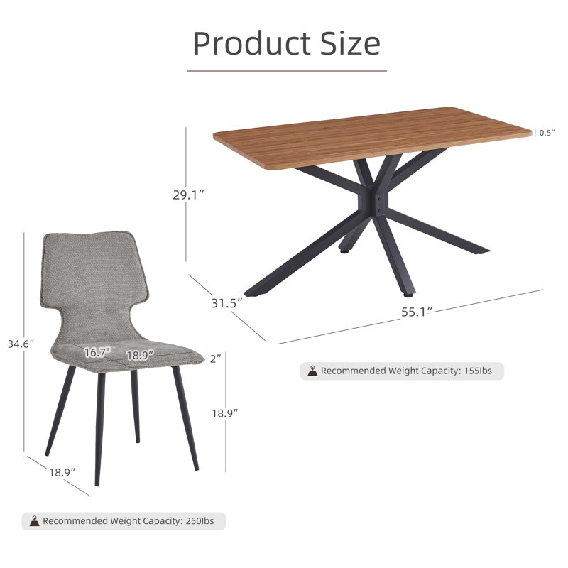5-piece Wood Grain Dining Table And 4 Gray Fabric Upholstered Dining Chairs With Metal Base For Kitchen, Dining Room, Living Room