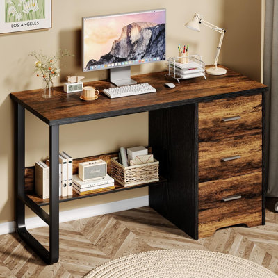 Small Desk with 3 Drawers, 47 Inch Computer Desk with Drawers & Bottom Shelves for Bedroom, Home Office Desk with Storage File Cabinet for Small Space by Winston Porter