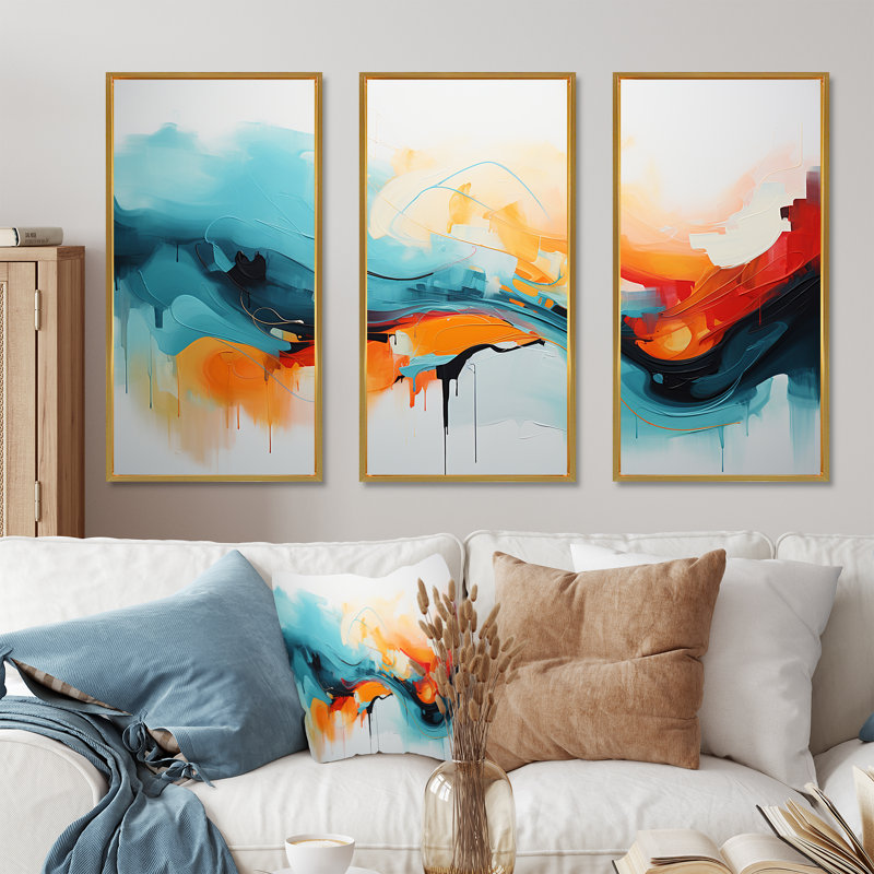 Bleu et orange, vagues abstraites colorées IV - art mural abstrait, Cadre flottant doré, H 28 po x l 36 po x P 1 po