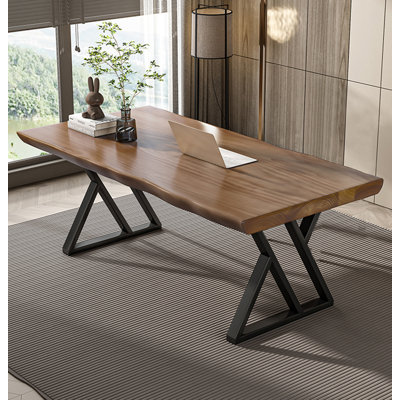 Solid Wood Plank Writing Desk with Metal Base