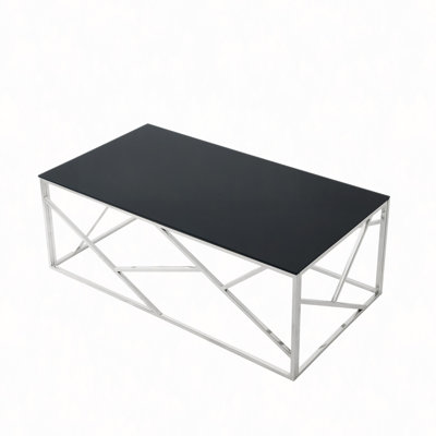 Modern Rectangular Coffee Accent Table With Tempered Glass Top And Stainless Steel Frame For Living Room Bedroom