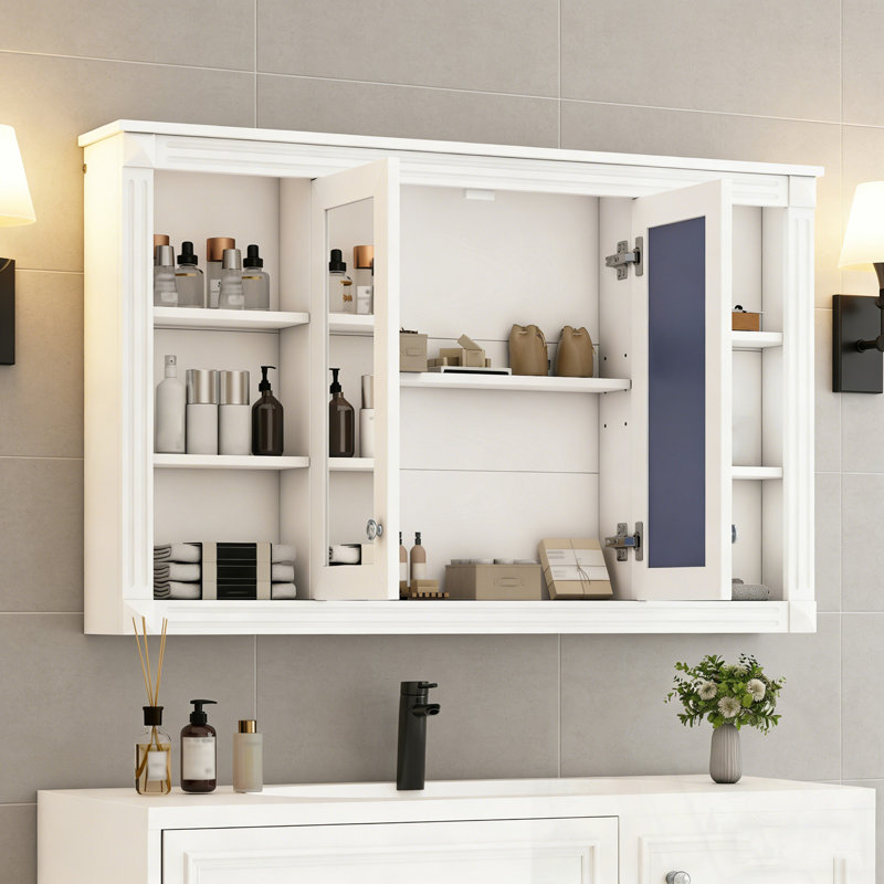 Armoire de salle de bain avec miroir, tablette réglable et tablettes ouvertes, Blanc