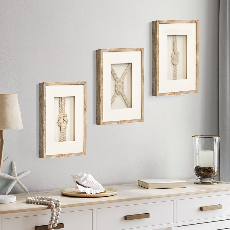 Nautical Rope Knot 3 Piece Framed Coastal Wall Art Decor Set - Natural Beige