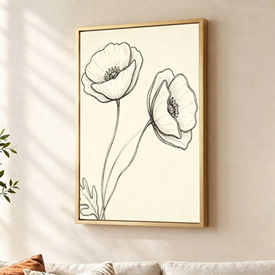 Tableau sur toile encadré doré, motif floral, esquisse au trait, 76 cm (H) x 51 cm (L), cadre flottant doré.