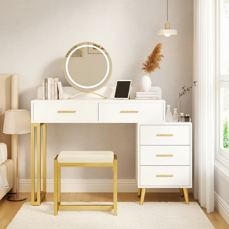White, Modern Vanity Set With Light And Mirror; 6 Storage Drawers + Dividers + Cushioned Stool; Bedroom Women's Dressing Table.