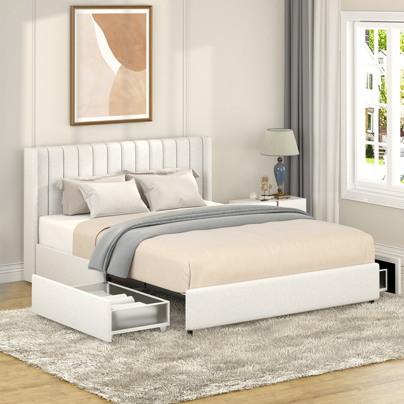 Lit plateforme à 2 tiroirs avec grand lit tapissier ivoire, tête de lit capitonnée, sommier à lattes en bois, aucun sommier nécessaire