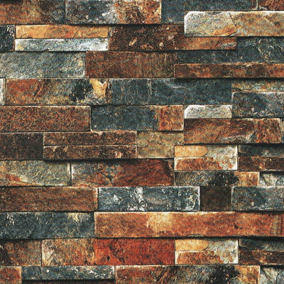 Vintage Brick Wallpaper Peel And Stick, 3d Textured Brown Blue Stone Wall Paper, Self Adhesive Removable Brick Contact Paper For Walls, Kitchen, Fireplace, Waterproof And Heat Resistant Interior Decor
