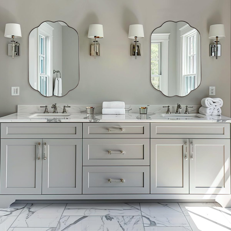  Contemporary Oval Scalloped Bathroom Vanity Wall Mirror | Stainless Steel Frame, Brushed Nickel, 36" x 24"