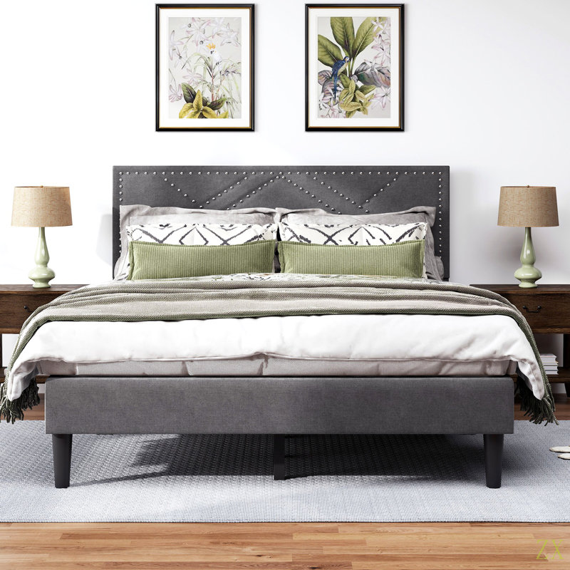 Bed Frame, Linen Storage Headboard, Strong And Stable, No Noise,Under Bed Storage, No Box Spring (Carbon Gray), Queen