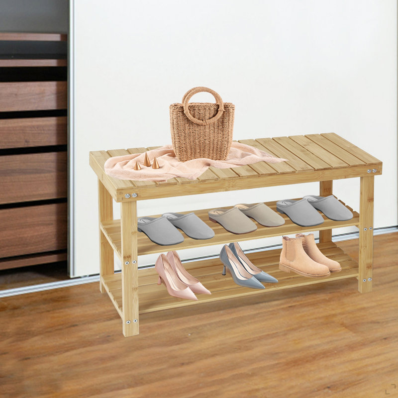 Banc à chaussures en bois massif 27,5 po, range-chaussures à 3 niveaux pour le vestibule