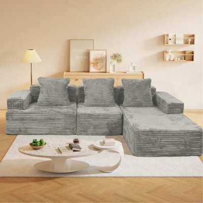 Canapé-lit modulaire à compression en forme de L sans os avec méridienne confortable et siège profond, pour salon, salon, chambre à coucher, velours côtelé gris antique, 3 sièges mi-ferme, moelleux, américain