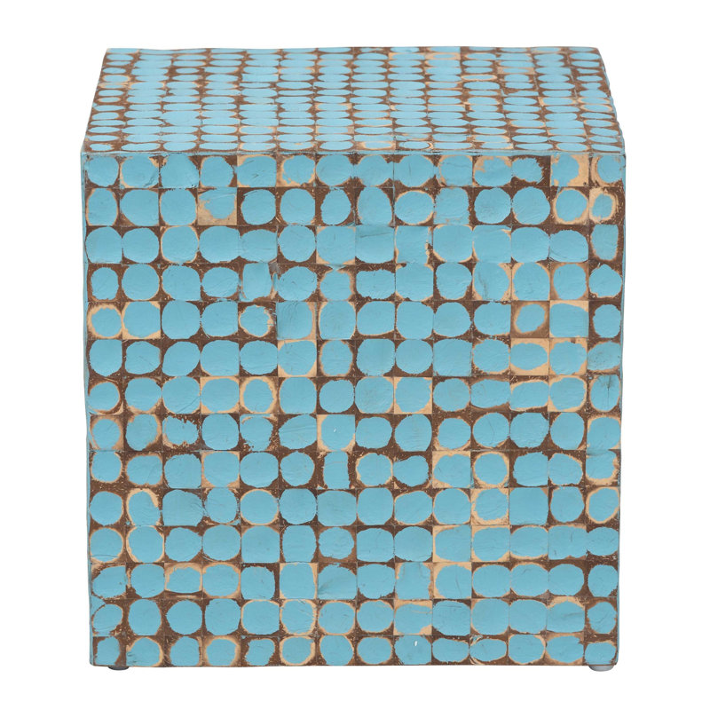 Table de bout bohème bleu ciel en coquillage et bois d'acacia