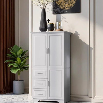 Armoire de rangement haute et large à 3 tiroirs avec portes, organisateur de salle de bain / bureau en MDF blanc avec tablettes réglables et dispositif anti-basculement
