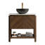 Meuble-lavabo 30 po, meuble de rangement autoportant en contreplaqué avec 2 portes diagonales et tablette ouverte, lavabo en céramique à motif de pierre noire et plateau en pierre frittée blanc de Carrare, grain de bois noyer foncé-129669772