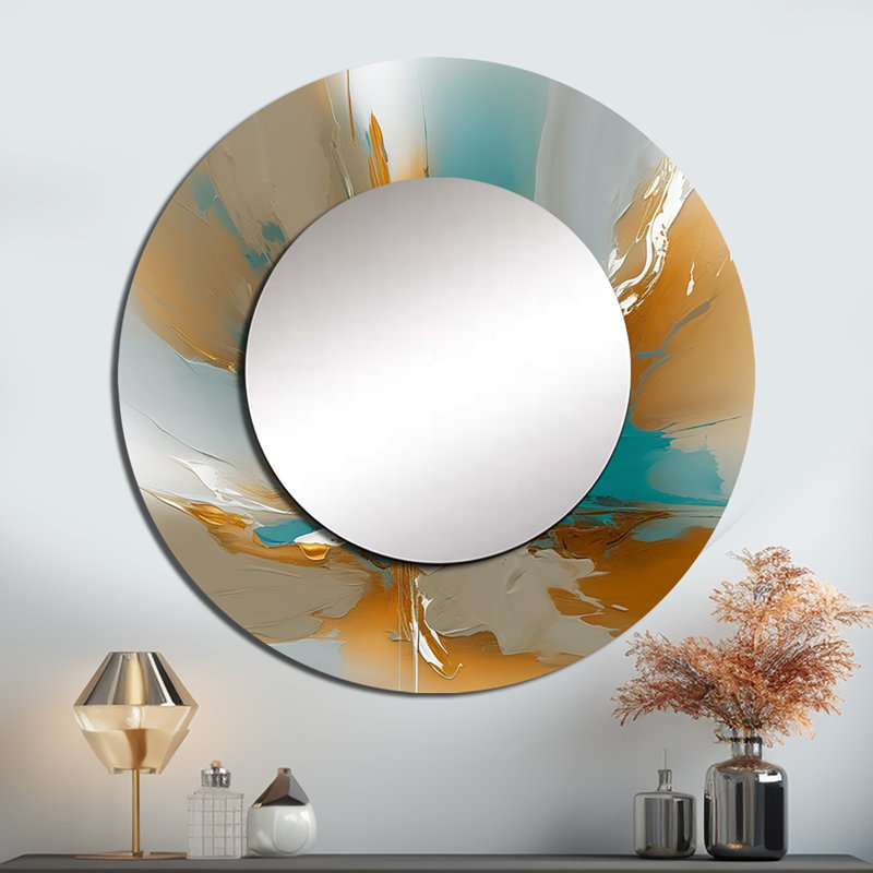 «Halback», marbre doré et turquoise Fuild Ink I - miroir mural unique en marbre, miroir rond doré, reproduction d'art en métal