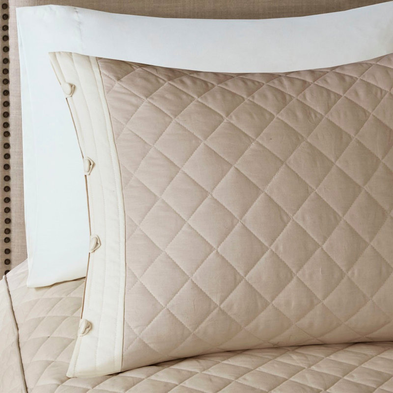 Couvre-lit en coton, réversible avec courtepointe à motif de losanges et taies décoratives assorties, coussin décoratif en coton à bords découpés