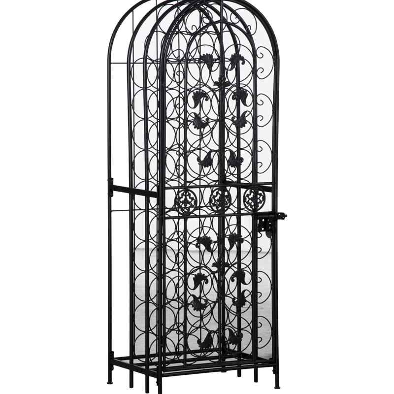 Étagère à vin en fer forgé noir avec serrure, design moderne et épuré, support pratique pour 45 bouteilles.