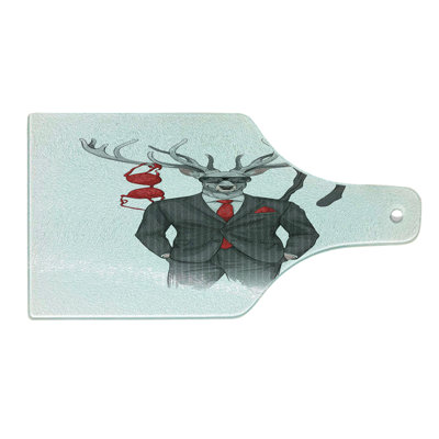 Ambesonne Hipster Tempered Glass Cutting Board Womanizer Deer in Suit Art Grey Pale Taupe