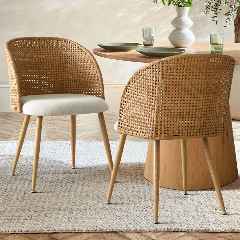 Donoho 19" Seat Height Linen Upholstered Rattan Backrest Dining Chairs with Arm