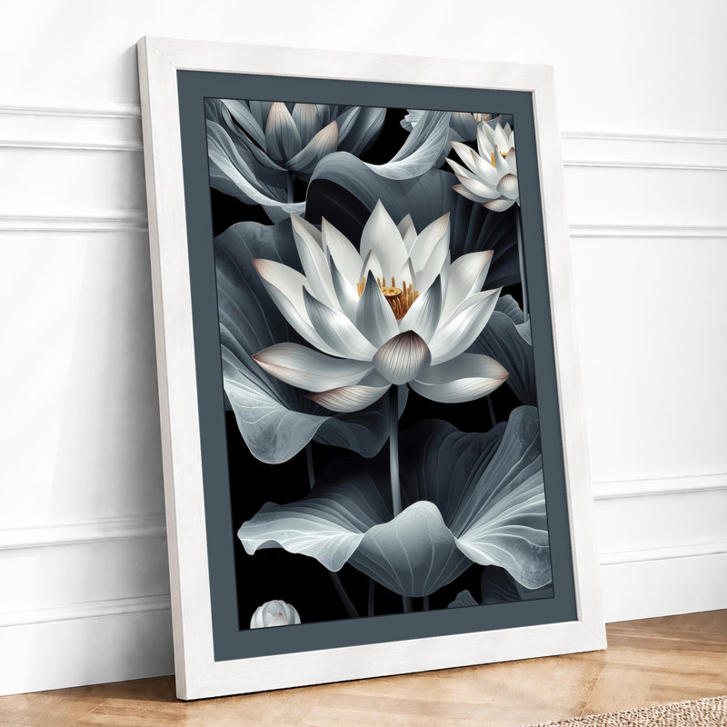 Moonlit Lotus Bloom Botanical - Framed Print, A3 - 42.0 x 29.7 cm, White