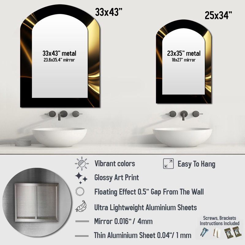 Gold and Black Surreal Tides IV - Fractals Asymmetrical Large Wall Mirror, Modern Arch Unique Mirror, Printed Metal Art
