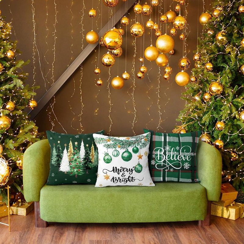 Ensemble de 6 housses de coussins décoratifs de Noël vert avec housse de coussin aquarelle d'hiver 18 x 18 pouces