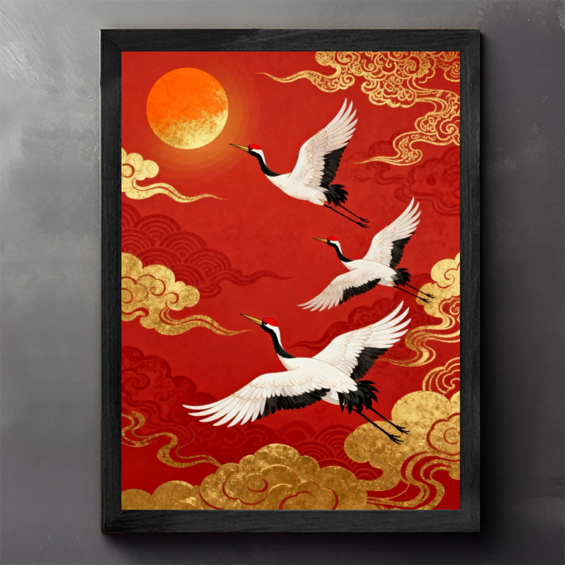 «Black Cranes Vintage Cranes» déploient leurs ailes et volent - longévité et bon augure, reproduction d'art encadrée de style rétro