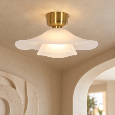 Plafonnier semi-encastré moderne en laiton à une lumière avec verre blanc Flora