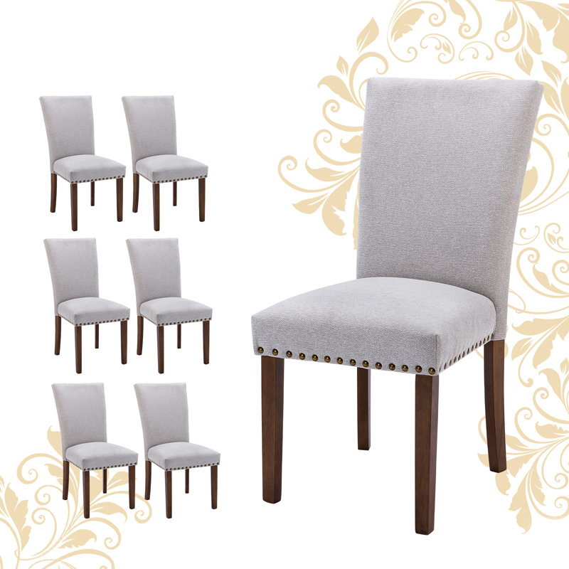 6" Thickened Modern Soft Linen Fabric Upholstered Dining Chair  with Solid Wood Legs, Nailhead Trim, Ergonomic High Back, 2