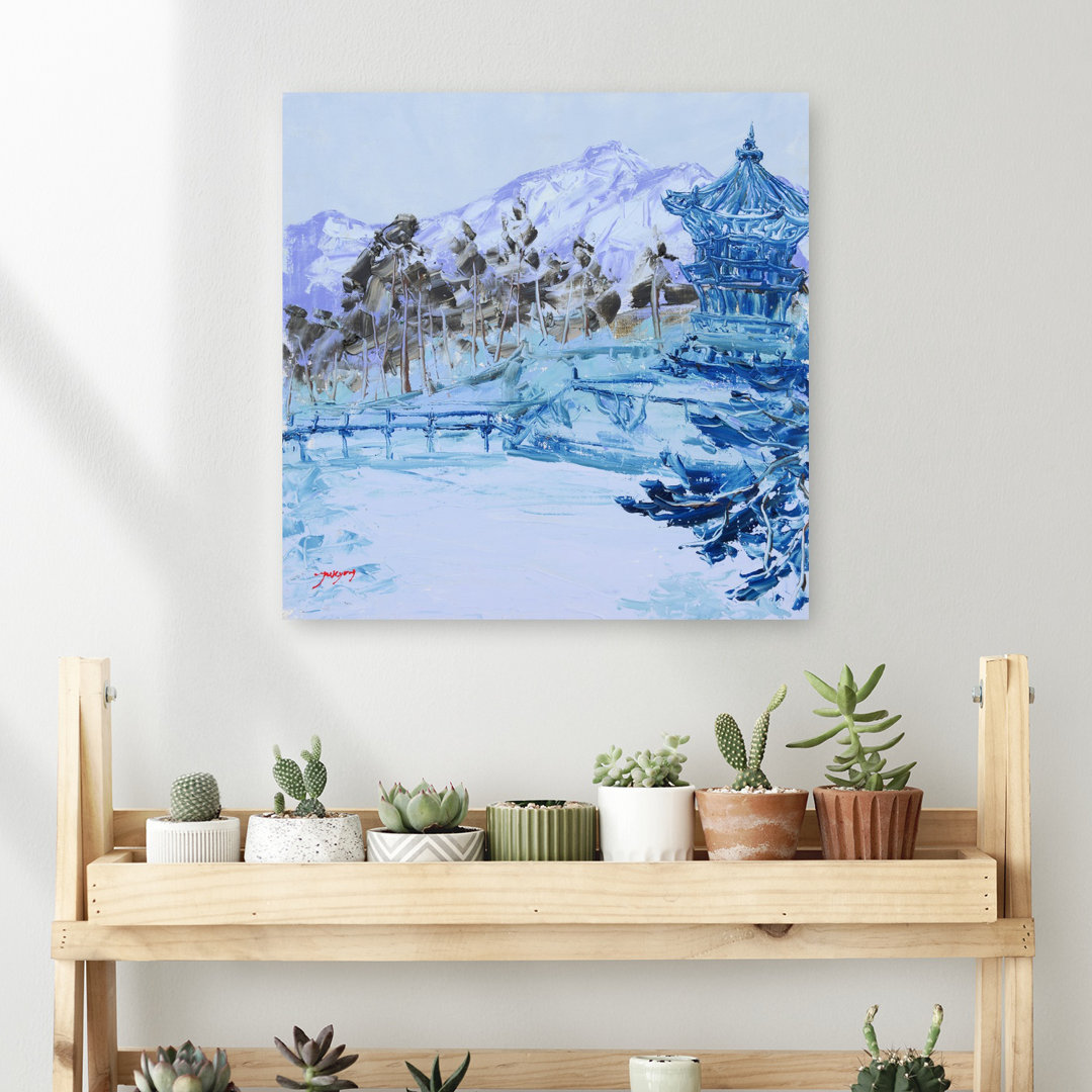 Tranquil Blue Winter Pagoda Peaceful Serene Traditional Architecture Landscape Wall Art Print