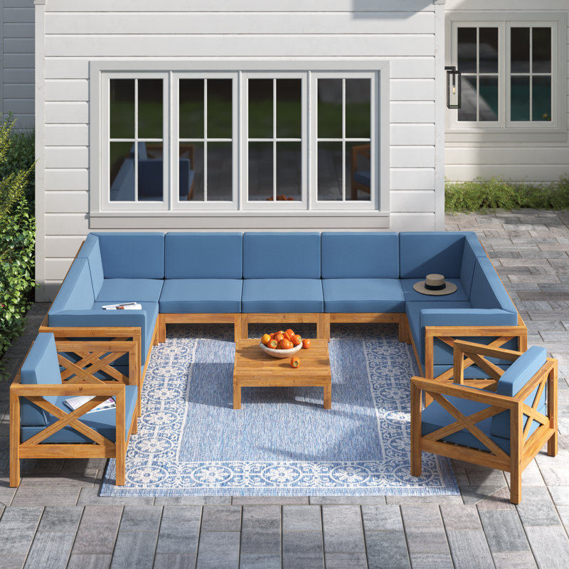 Jacklyn 10-Piece Modular Outdoor Sectional with Cushions , Teak Frame / Blue Cushion