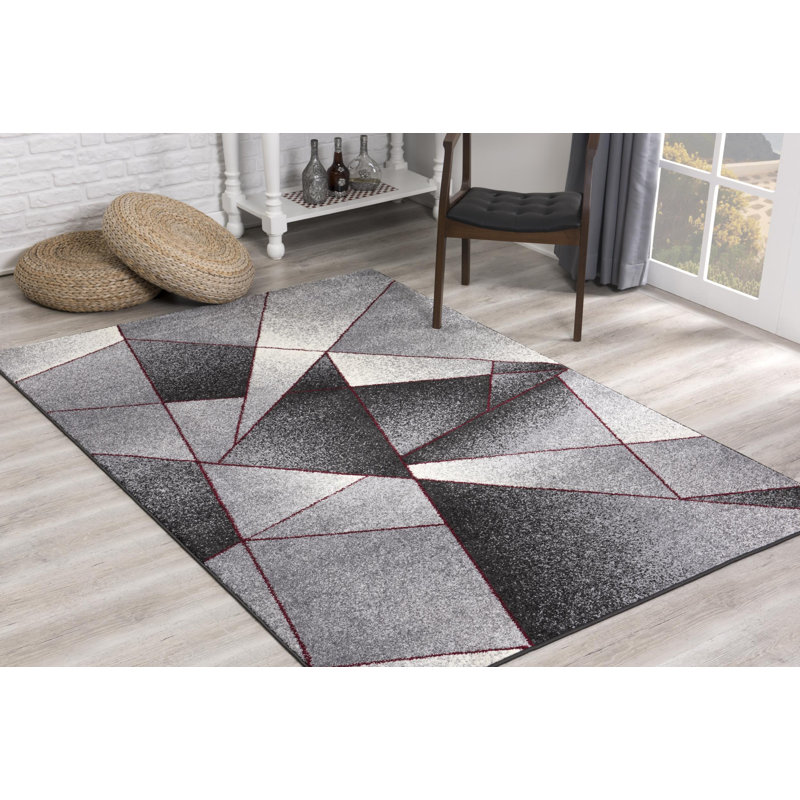 Rug Branch Nour 4' x 6' (3'9" x 5'6") Grey/Red Geometric Indoor Area Rug, Contemporary, Medium Pile, Stain-Resistant Carpet - Living Room, Bedroom, Dining Room, and Kitchen