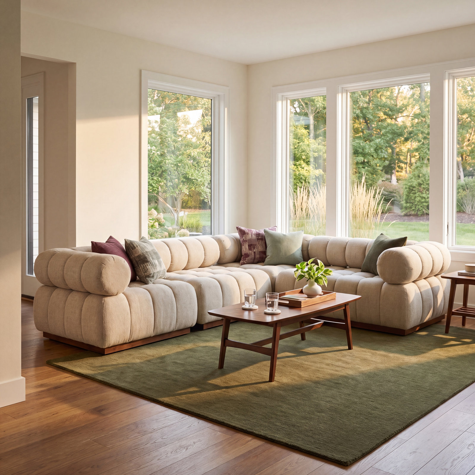 Martinique 110" Teak Patio Sectional, Hayes Cream Cushion/Stained Saddle Brown Frame