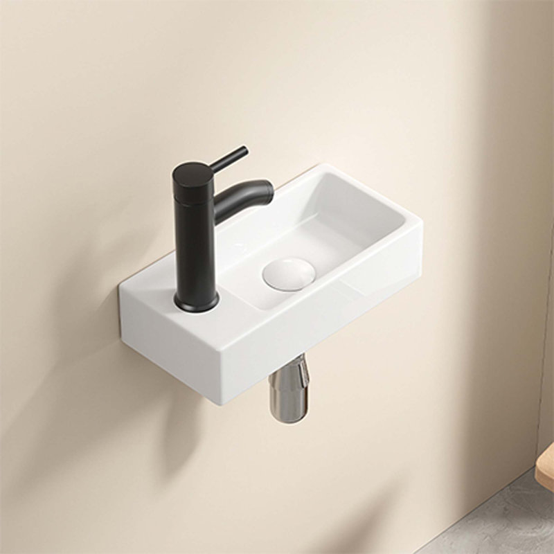 Lavabo mural à petite vasque rectangulaire en céramique avec lavabo à gauche, sans robinet ni bonde