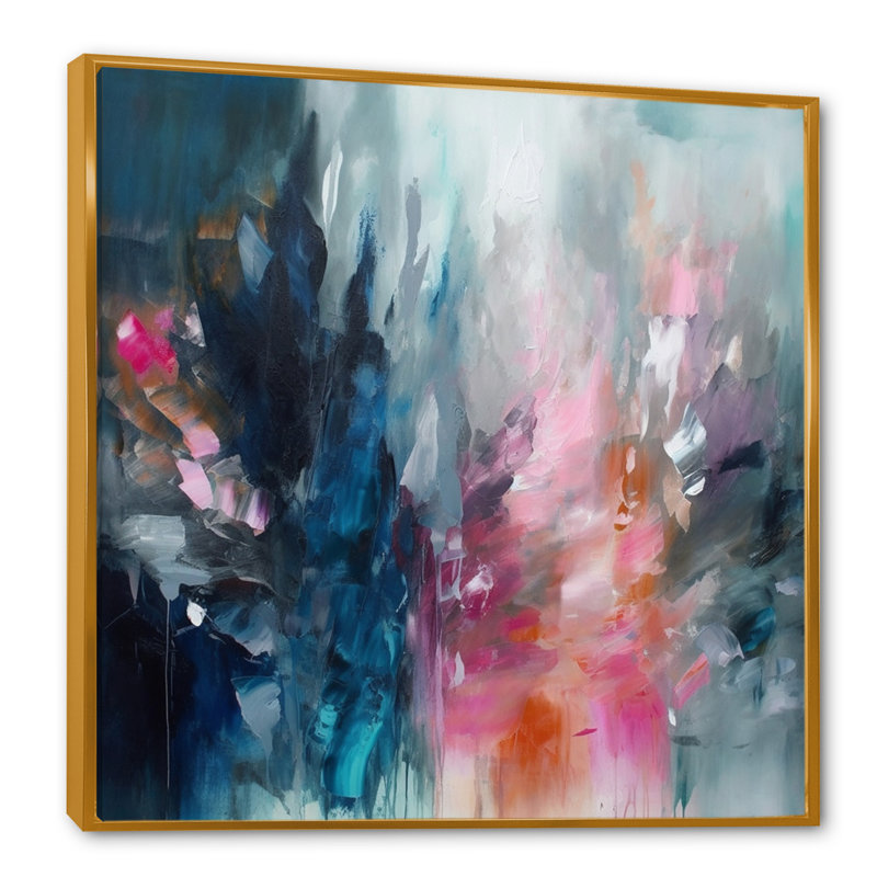 «Delvontae Blue and Pink Explosion Abstract», art mural abstrait, H 36 po x l 36 po, Reproduction avec cadre flottant, Doré