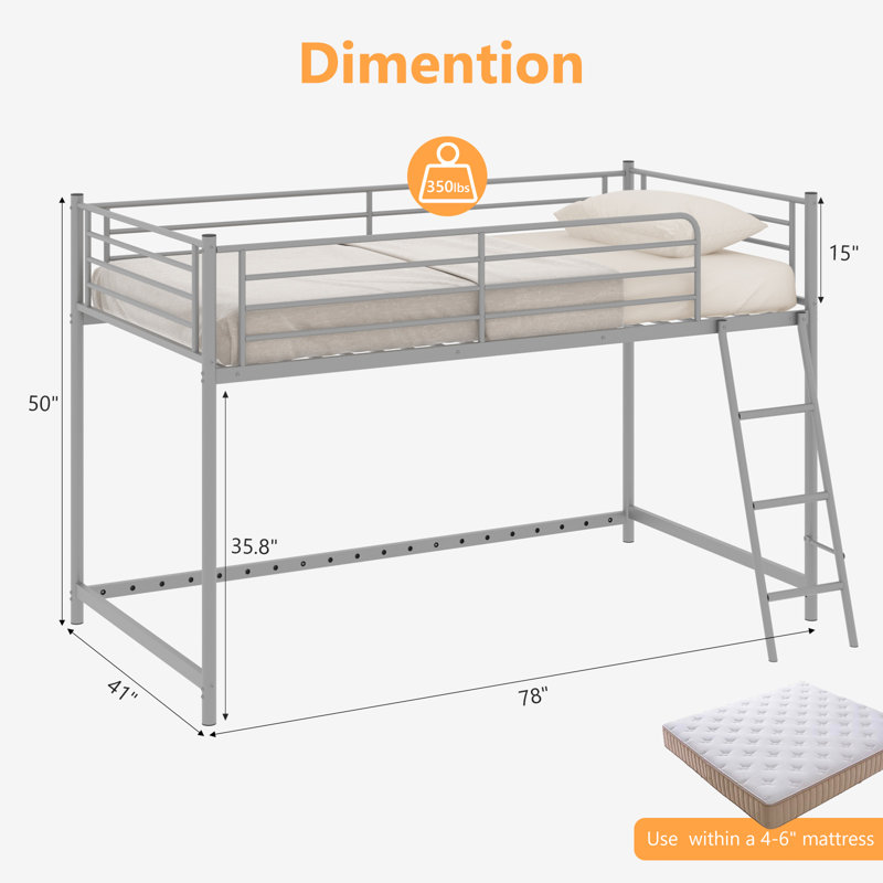 Junior Metal Twin Loft Bed With Guard Rails And Stairs, Gray