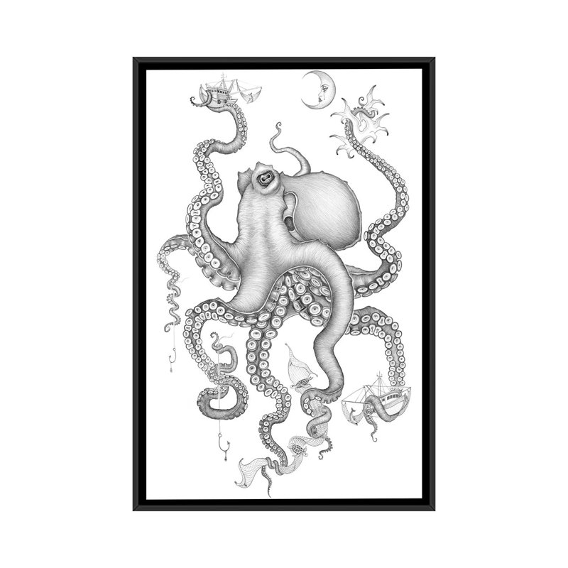 « cephalopod love », reproduction d’art sur toile, 48" H x 32" W x 1.5" D, Toile avec cadre noir, Pas de tapis