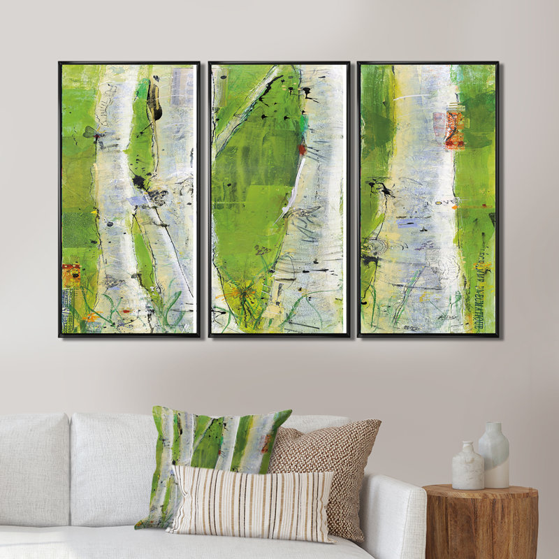 «Green Birch Forest», ensemble d'art mural sur toile encadré traditionnel de 3, H 32 po x l 48 po x P 1 po, Noir