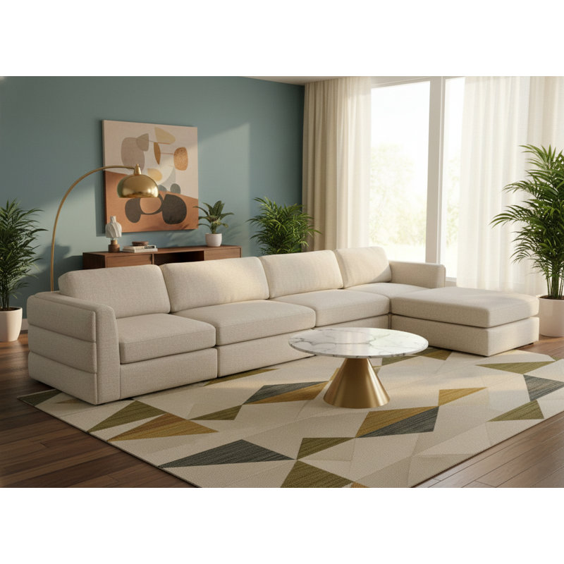 Canapé modulaire réversible de large de 152 po avec repose-pieds Howardine, Tissu beige texturé en lin