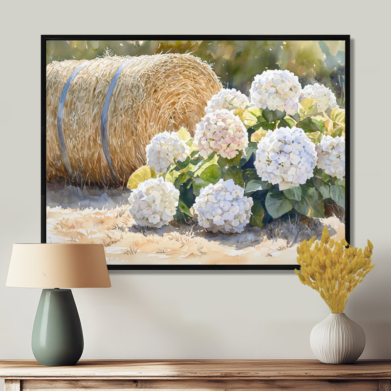 Hortensias dans la basse-cour I - hydrangées, art mural, H 30 po x l 40 po, Picture Framed, Noir