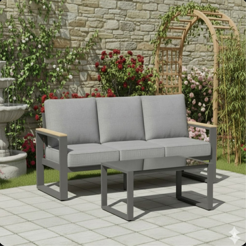 2-Piece 3-Seat Outdoor Sofa Couch Set, 75" All-Weather 3-Seat Aluminum Patio Sofa With Thick Cushions  & 44" Glass Coffee Table