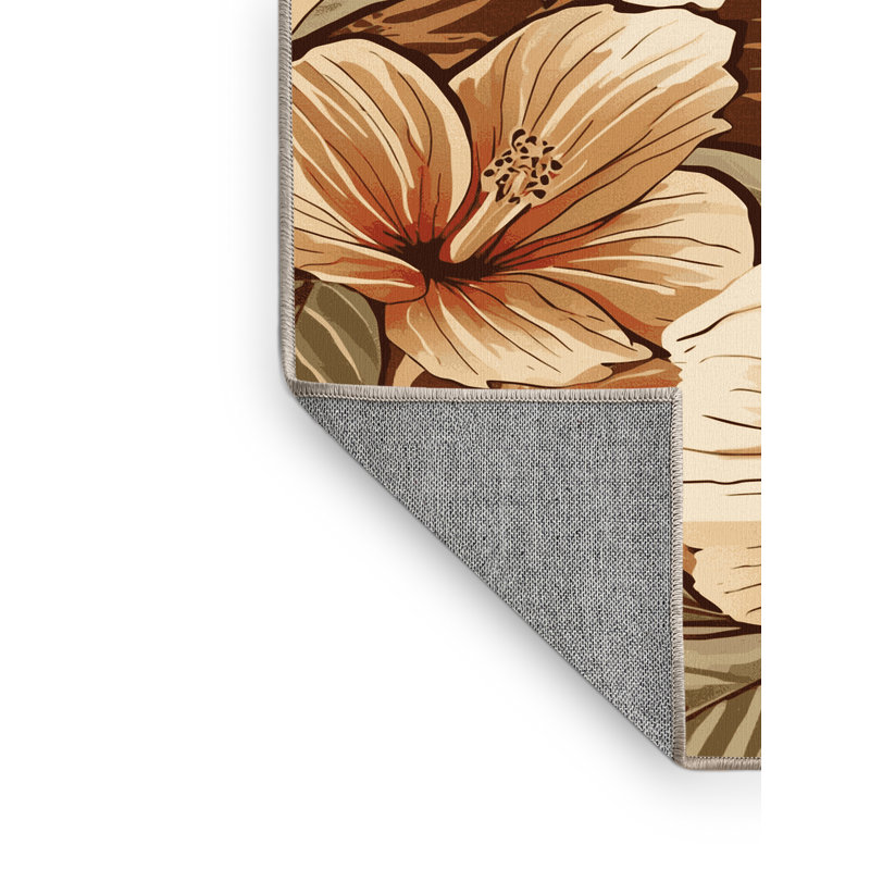 Tapis floral hibiscus parrilla lavable à la machine en brun - reliure beige, 2 x 3