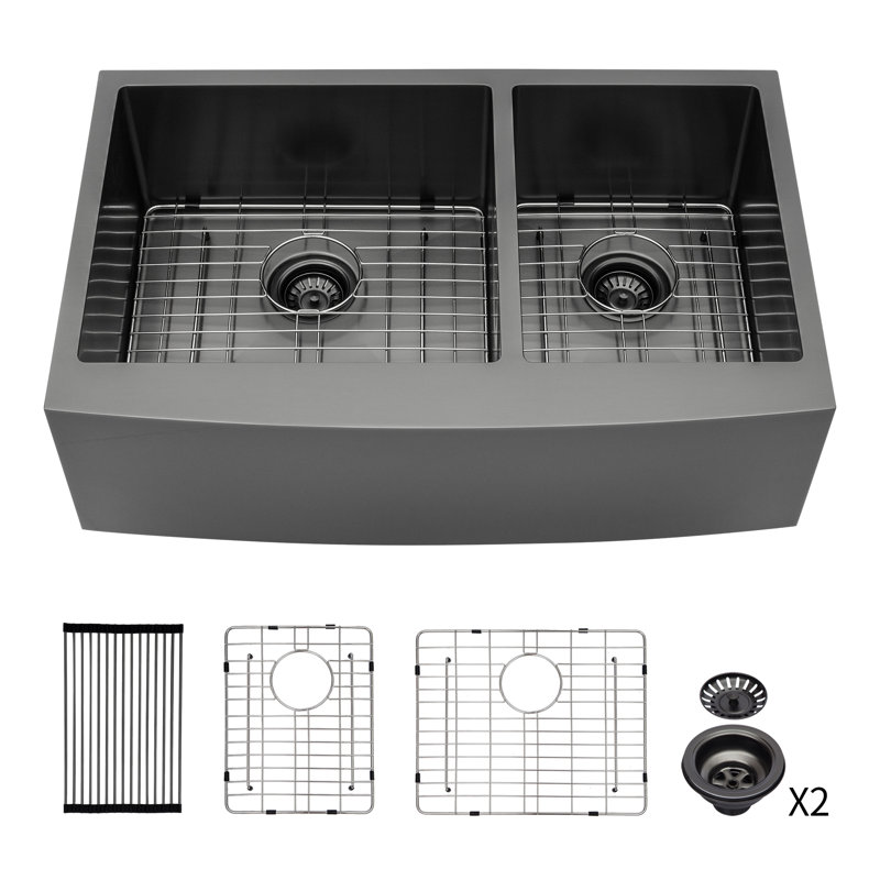 Évier de cuisine à double cuve (60/40) à double cuve en acier inoxydable de calibre 16 - avant en acier inoxydable de calibre 16, cuves profondes de 10 po | Idée de cadeau