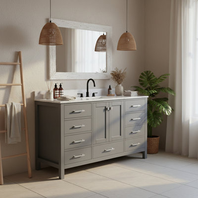 Meuble-lavabo autoportant 60 po avec comptoir simple en bois massif 60 po gris