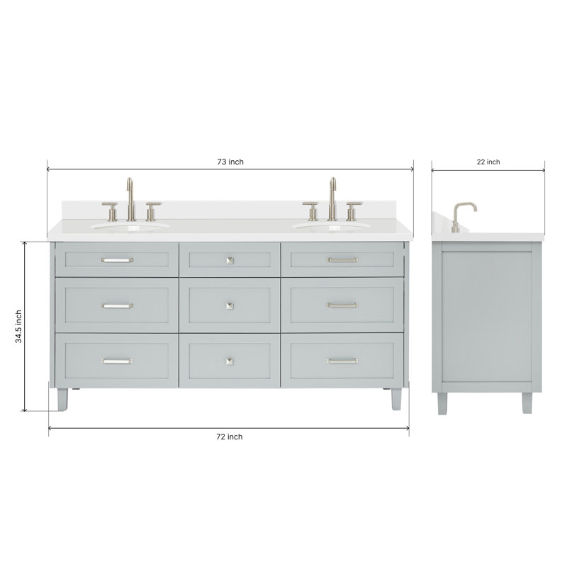 ARIEL Monroe 73 Double Sink Bathroom Vanity with Pure Quartz Top, Gray