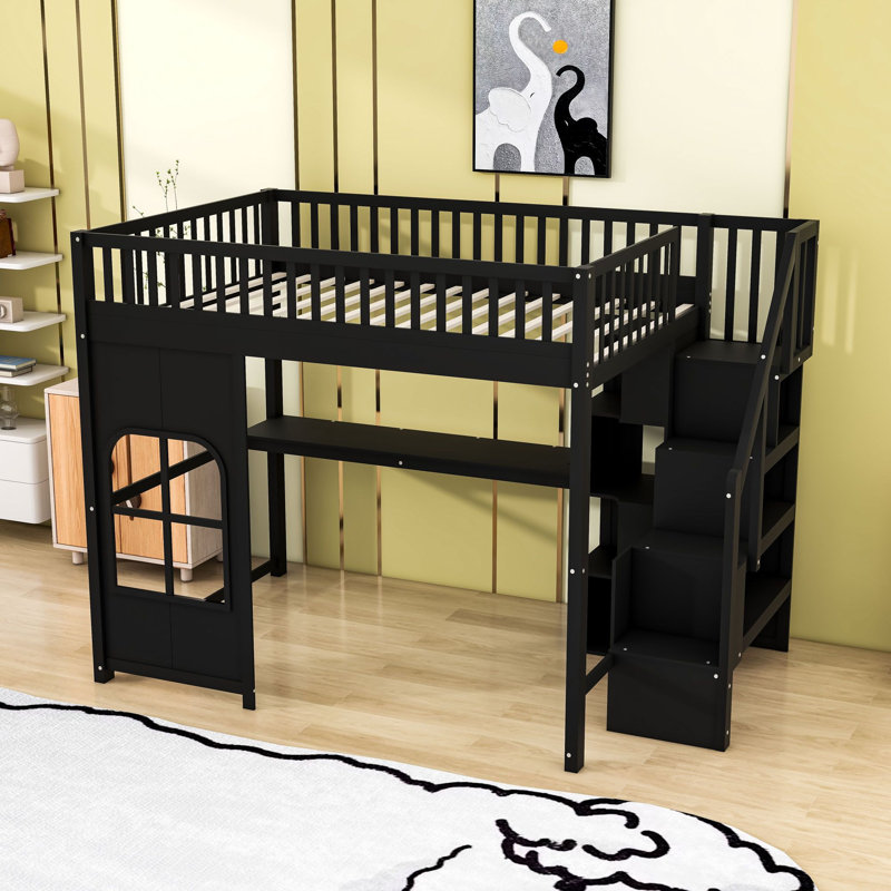 Lit mezzanine avec bureau intégré, escalier de rangement et éclairage DEL rechargeable par USB, Full, Black