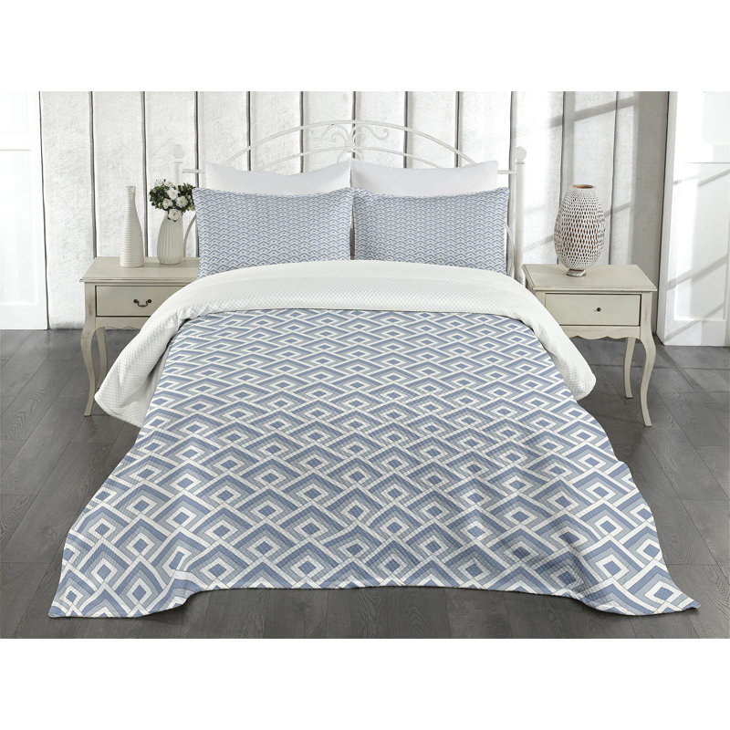 Ambesonne Modern Bedspread Set Diagonal Nested Squares Slate Blue Blue White, King Coverlet/Bedspread + 2 Standard Shams