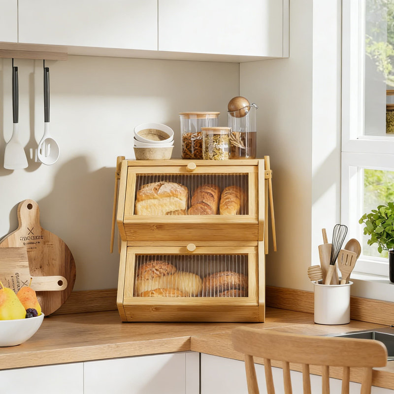 Boîte à pain en bambou double couche avec portes en acrylique ondulé, contenant de rangement de grande capacité pour le comptoir, le pain, les pâtisseries et l'organisation de la cuisine
