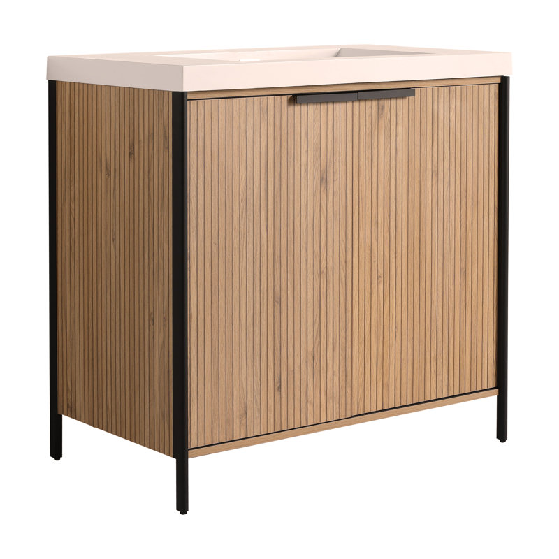 Meuble-lavabo sur pied 36 po avec lavabo en résine et 2 portes d'armoire à fermeture en douceur, Café clair