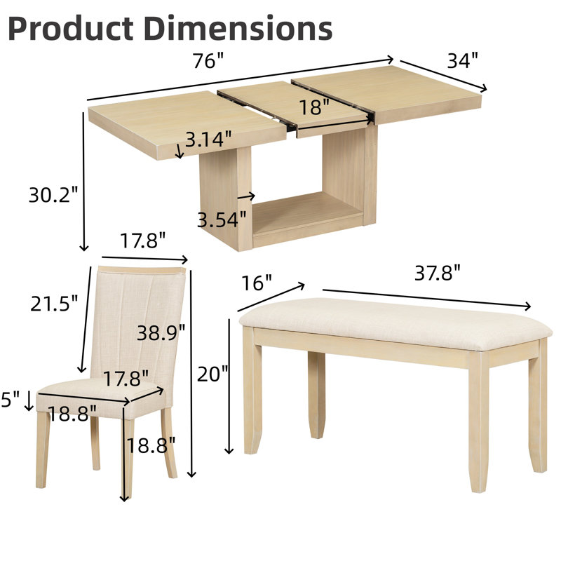 Ensemble de table de salle à manger extensible 6 pièces 78 pouces avec banc